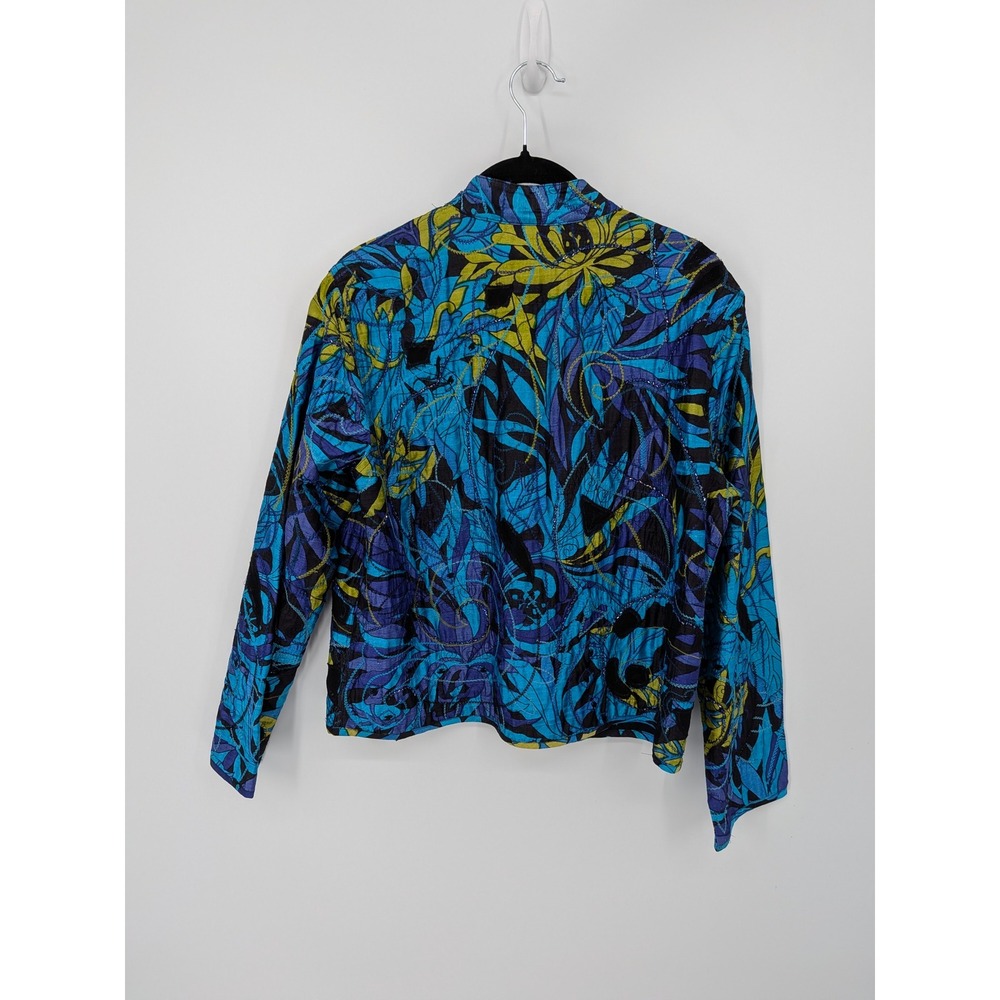 Chicos Silk Jacket Women Medium Blue Floral Art To Wear Embroidered Open Front - Picture 6 of 7